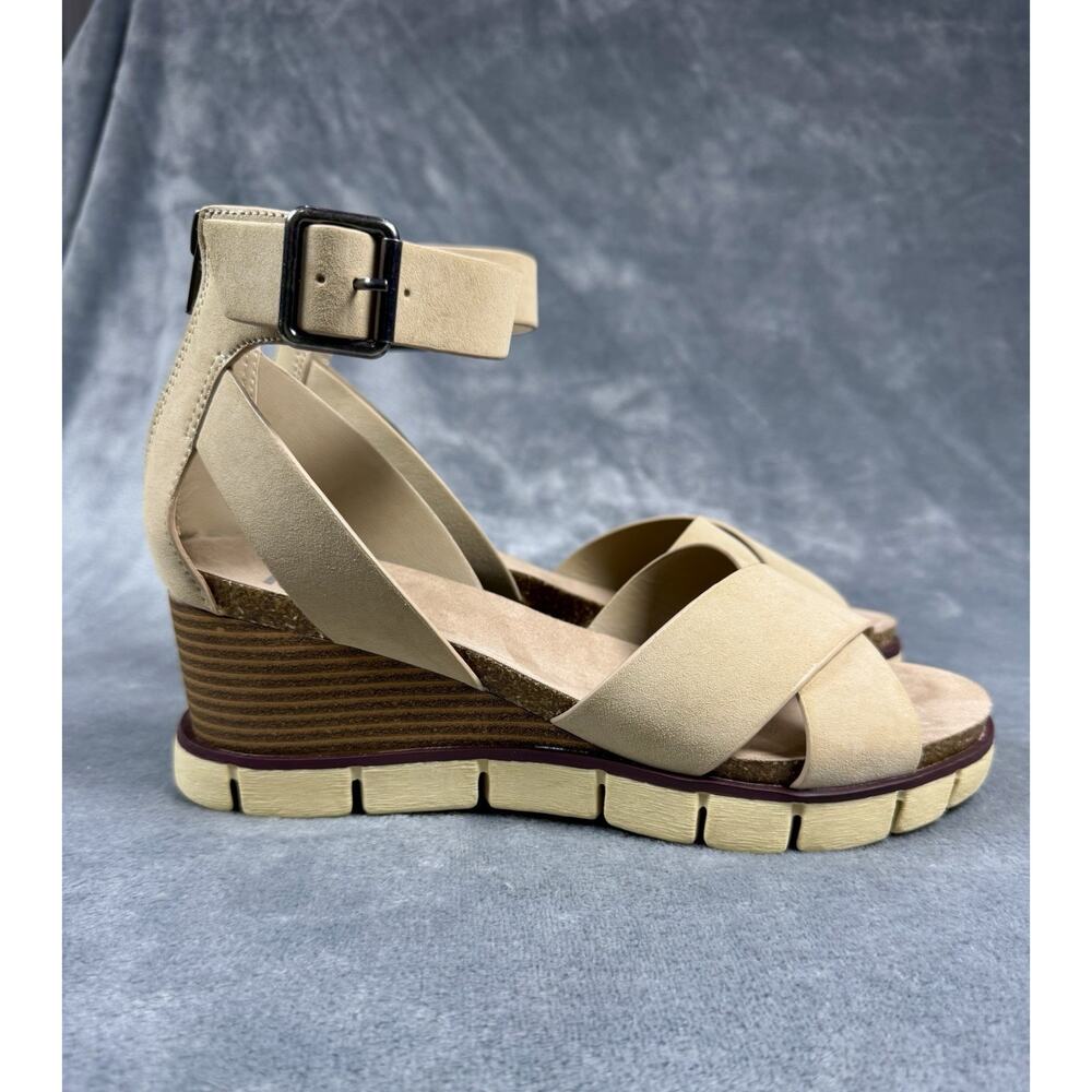 MIA Beige Tan Wedge Sandals with Ankle Strap